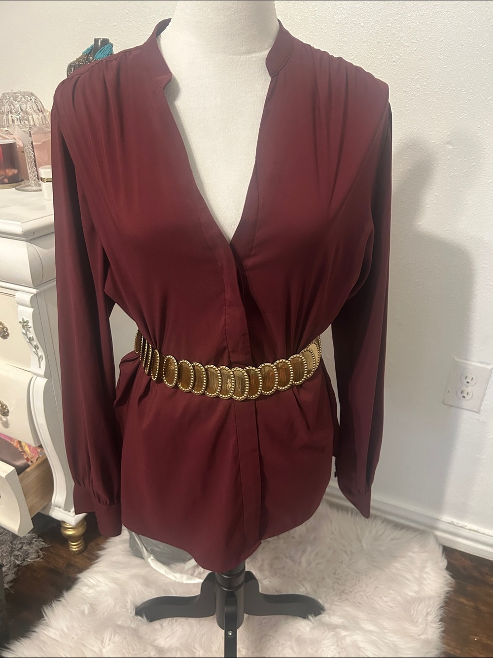Women's V-Neck Long Sleeve Blouse in Burgundy with Gold Accent Belt